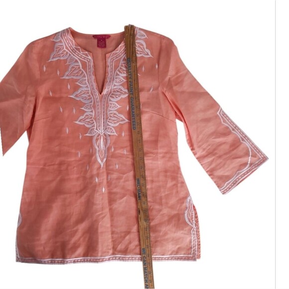 Sunny Leigh Linen Boho Embroidered Tunic Top Peach Sz M Kurta Style Resortwear - Picture 11 of 16